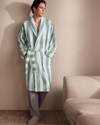 Sage Green Stripe Cotton Towelling Dressing Gown