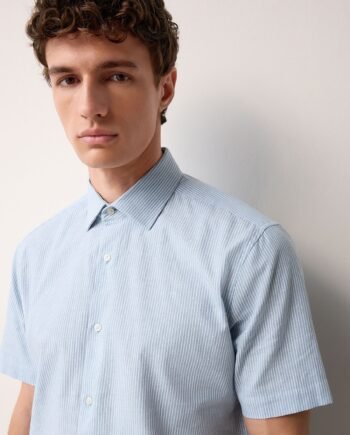 Light Blue Stripe Regular Fit Cotton Blend Short Sleeve Cutaway Collar Shirt