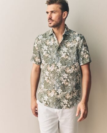 Green Hawaiian Floral Print 100% Linen Short Sleeve Shirt