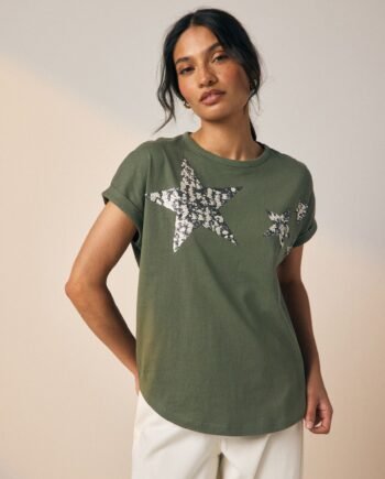 Khaki Green Sparkle Sequin Star 100% Cotton T-Shirt
