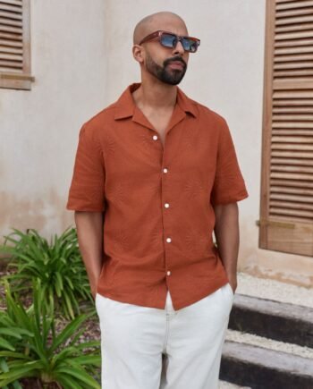 Rust Brown Sun Embroidered Short Sleeve Shirt